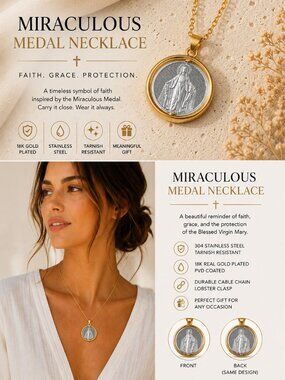 Miraculous Medal Necklace 18K Gold Plated | Virgin Mary Catholic Pendant